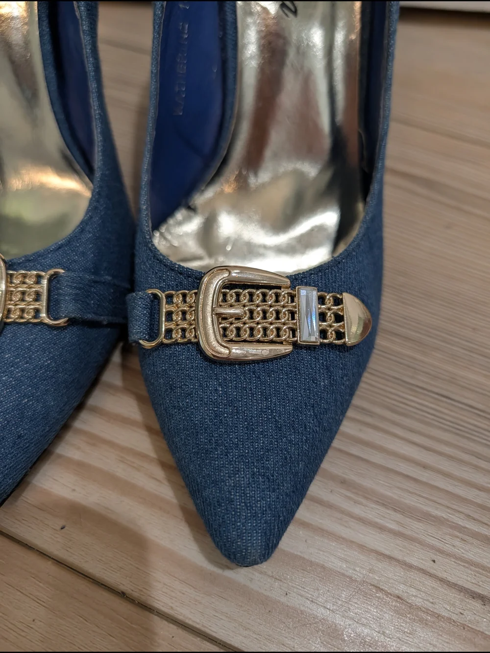 Denim Pointed Toe High Heels with Gold Buckle